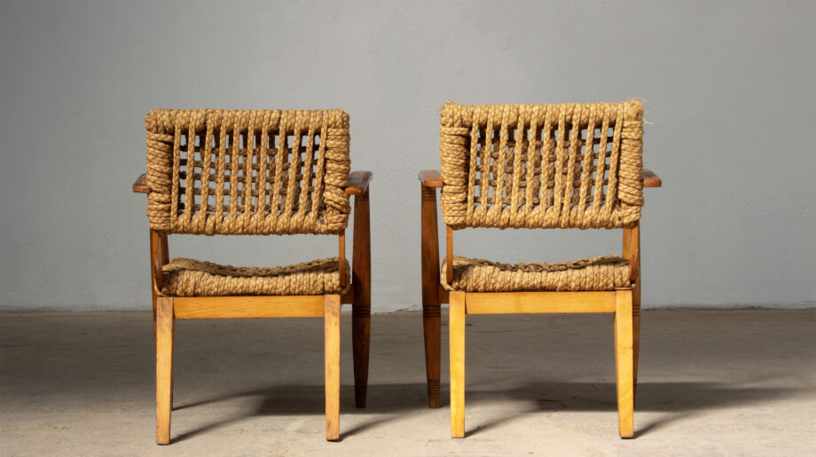 Dos des Fauteuils vintage en corde et hêtre d'Adrien Audoux et de Frida Minet pour l'éditeur Vibo